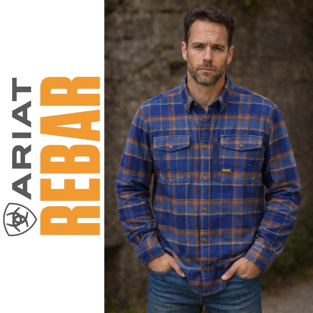 ARIAT,‎ REBAR, Men's Plaid Flannel Button Down Long Sleeve Shirt XL Blue Orange